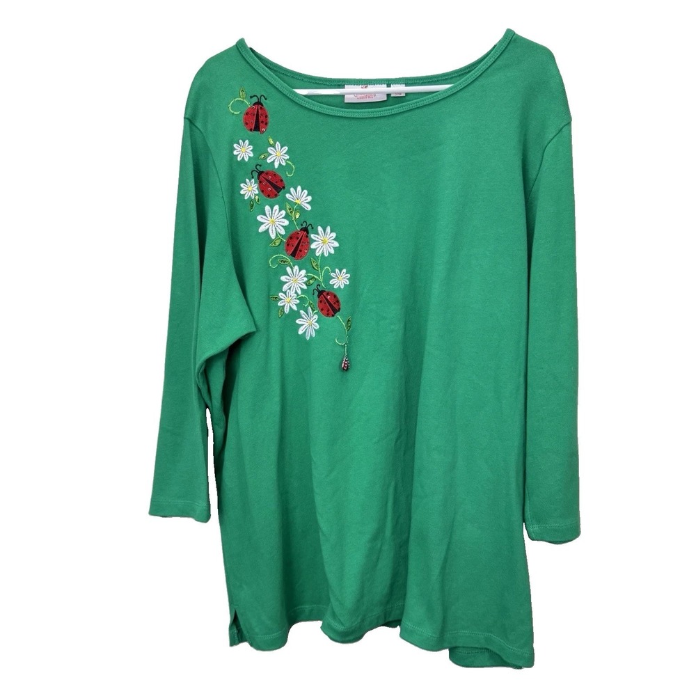 Quacker Factory Green Floral Embroidery Ladybug Dangle Knit Top Size 2X - Picture 3 of 12